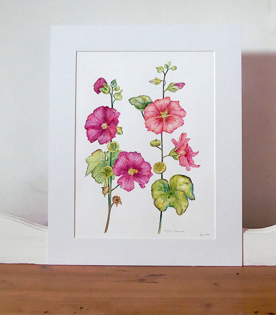 Pink and Red Hollyhock Garden Flower Watercolour Original Painting
