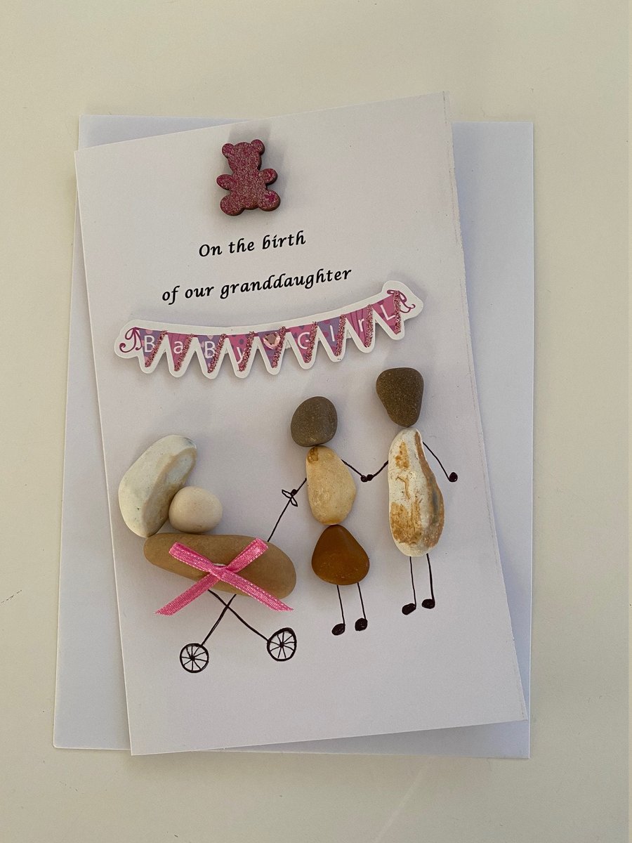 Baby Girl Birthday Card, Personalised Baby Gift, Pebble Artwork Baby Shower Gift