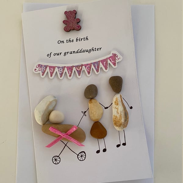 Baby Girl Birthday Card, Personalised Baby Gift, Pebble Artwork Baby Shower Gift