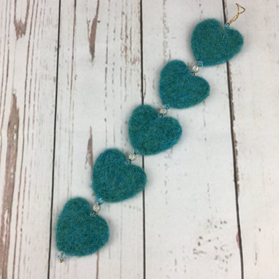 String of hearts garland, needle felted hearts and beads in turquoise - SALE