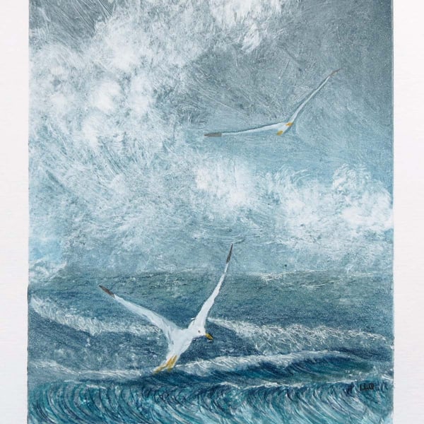 Original mixed media and monoprint gulls in a storm ocean waves coastal scene