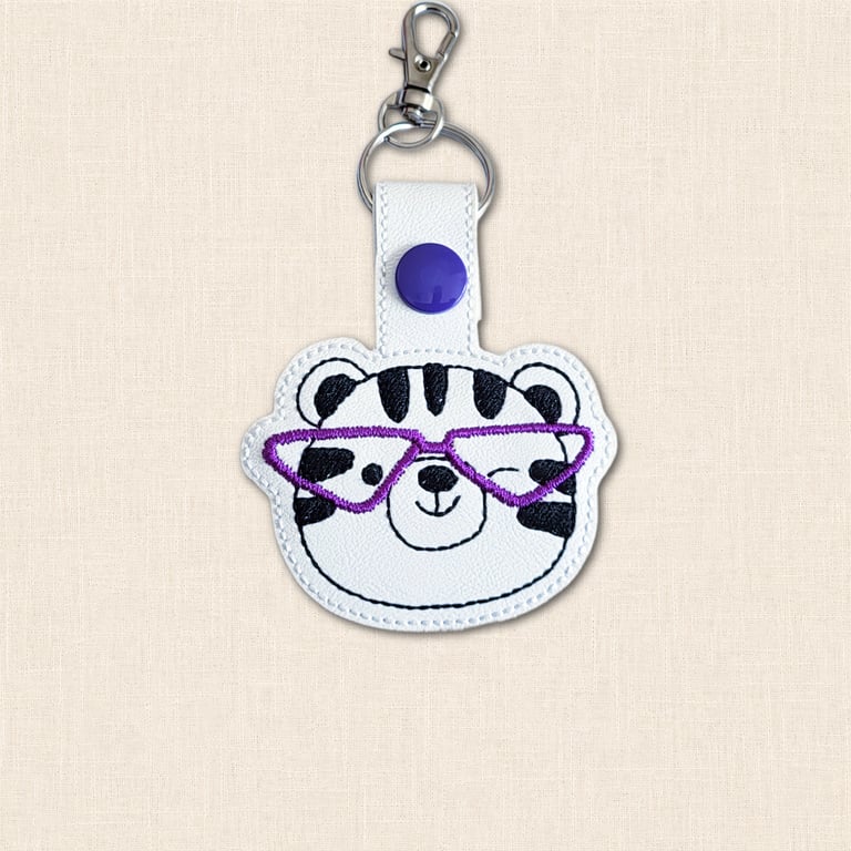 Kawaii Tiger Keyring - Embroidered Animal Bag Charm with Glasses