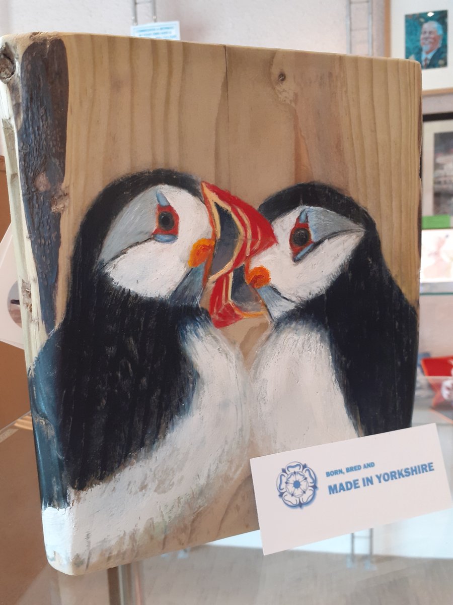 Puffins painting on reclaimed wood