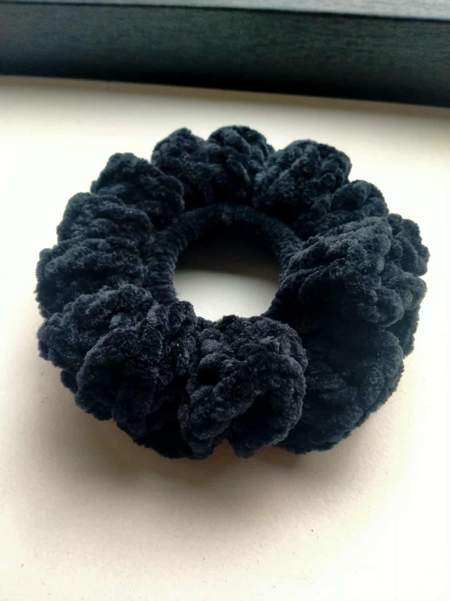 Handmade Black Crocheted Ruffle Scrunchie