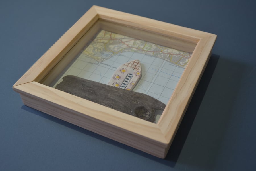 New Home gift ceramic house, driftwood & vintage map of Christchurch