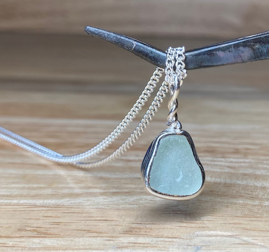 Handmade Fine & Sterling Silver Pendant & Seafoam Green Welsh Sea Glass & Chain