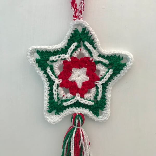 Peppermint candy Christmas star crochet hanging decoration with tassel