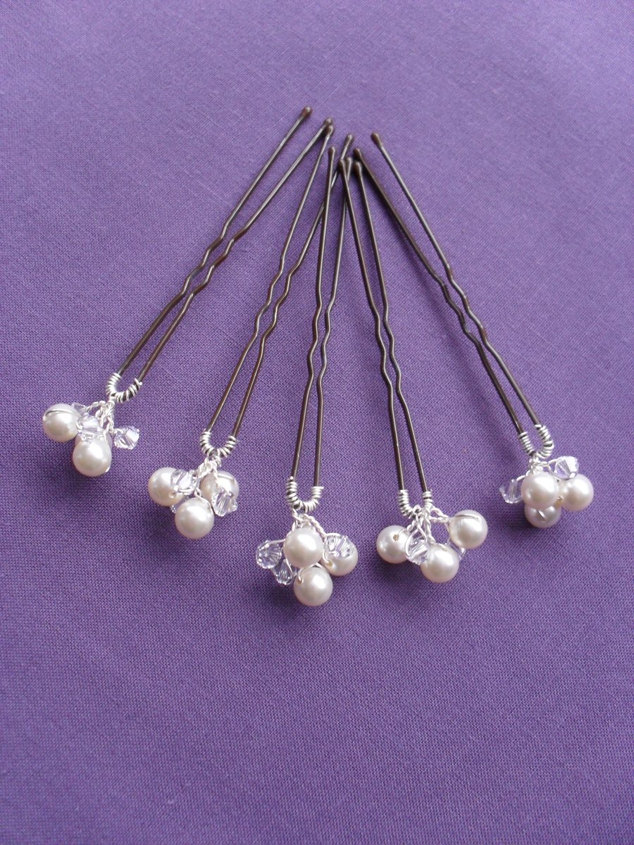 Set of Five Swarovski Crystal and pearl Hair Pins