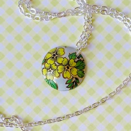 Recycled vintage tin domed circle yellow flower pendant necklace