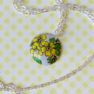 Recycled vintage tin domed circle yellow flower pendant necklace