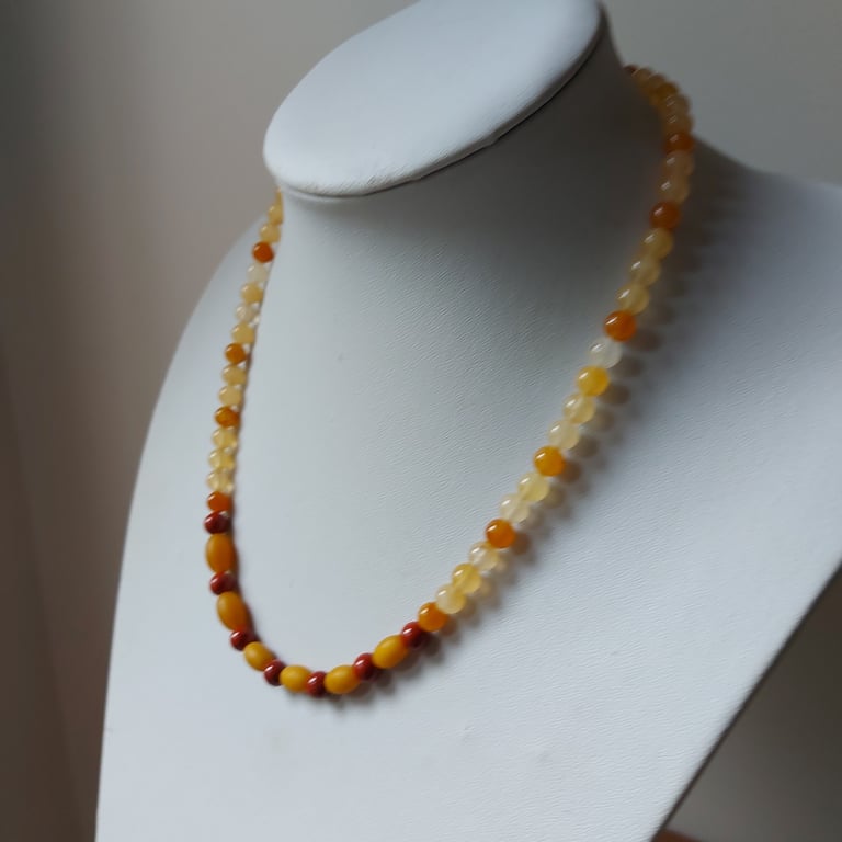 Gemstone  necklace with  red and yellow Jasper and antique Amber beads