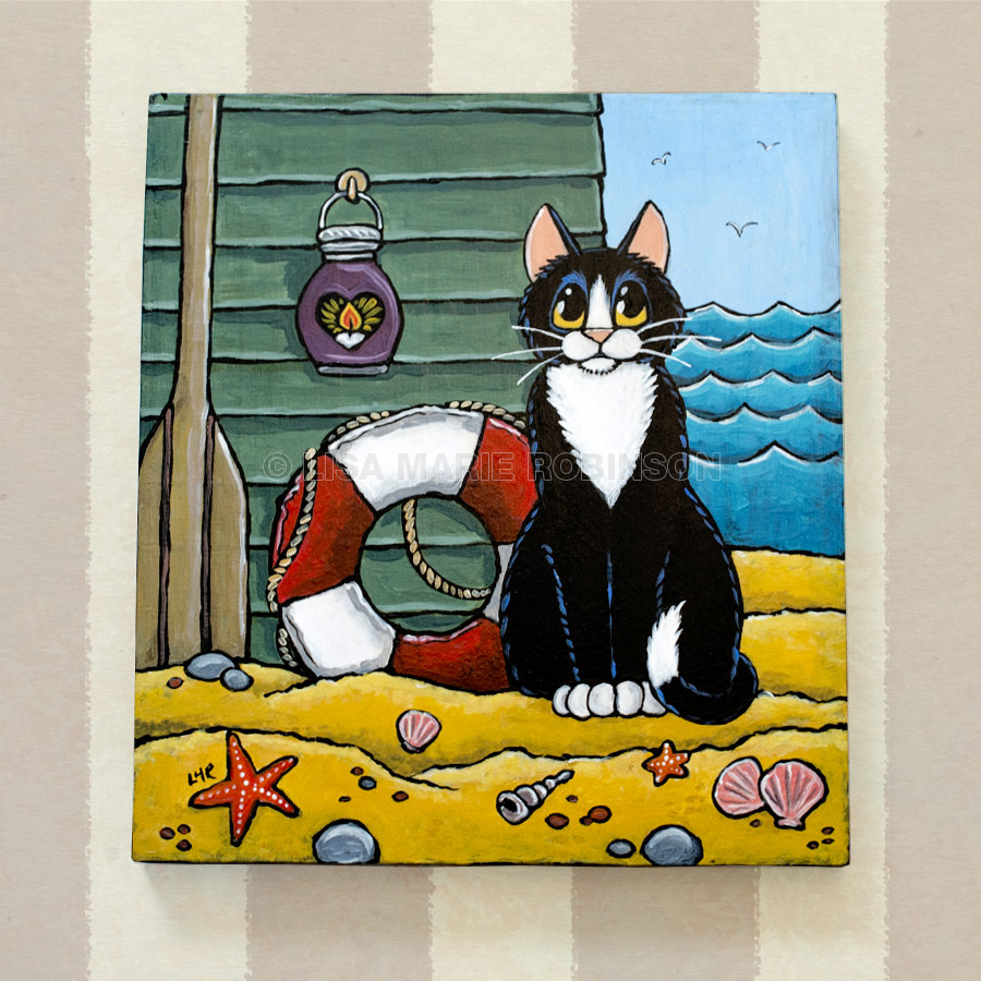 Tuxedo Cat at the Beach - Acrylic Painting on Wood