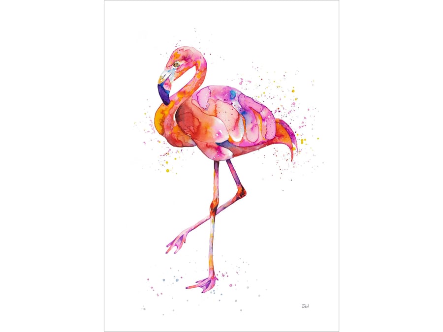 Flamingo watercolour print, painting, illustration, tropical wall art