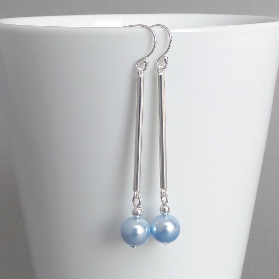 Light Blue Swarovski Pearl and Sterling Silver Dangle Earrings - Pale Blue Drops