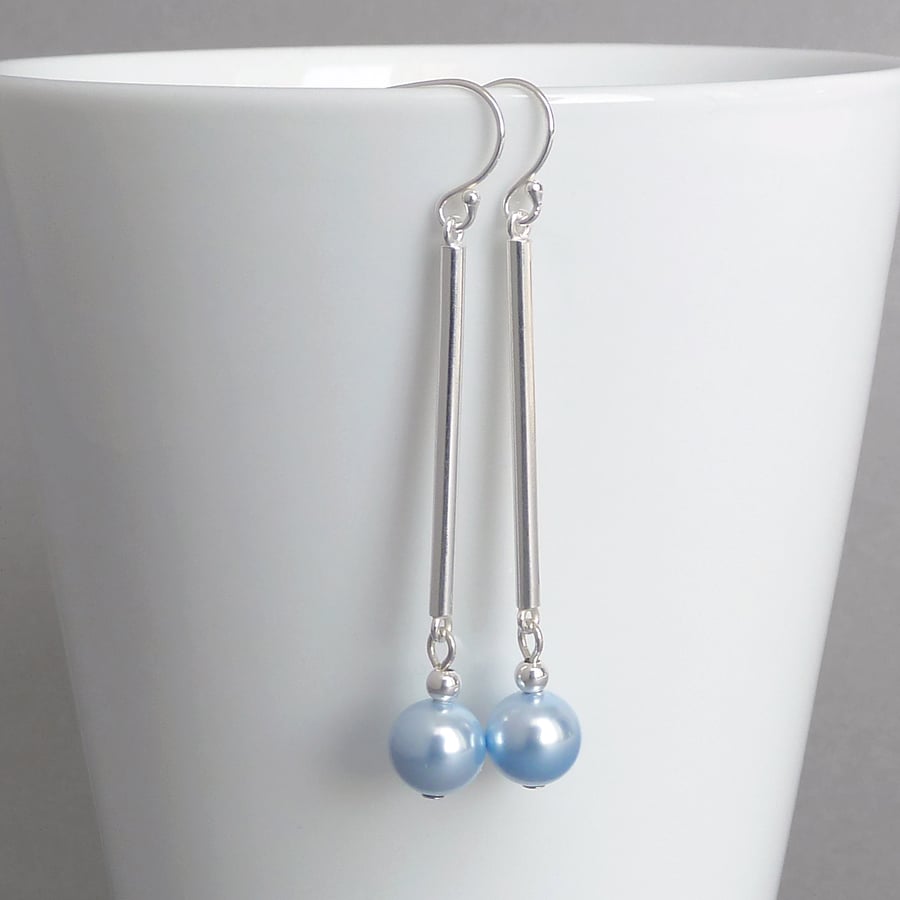Light Blue Pearl and Sterling Silver Dangle Earrings - Pale Blue Drop Earrings