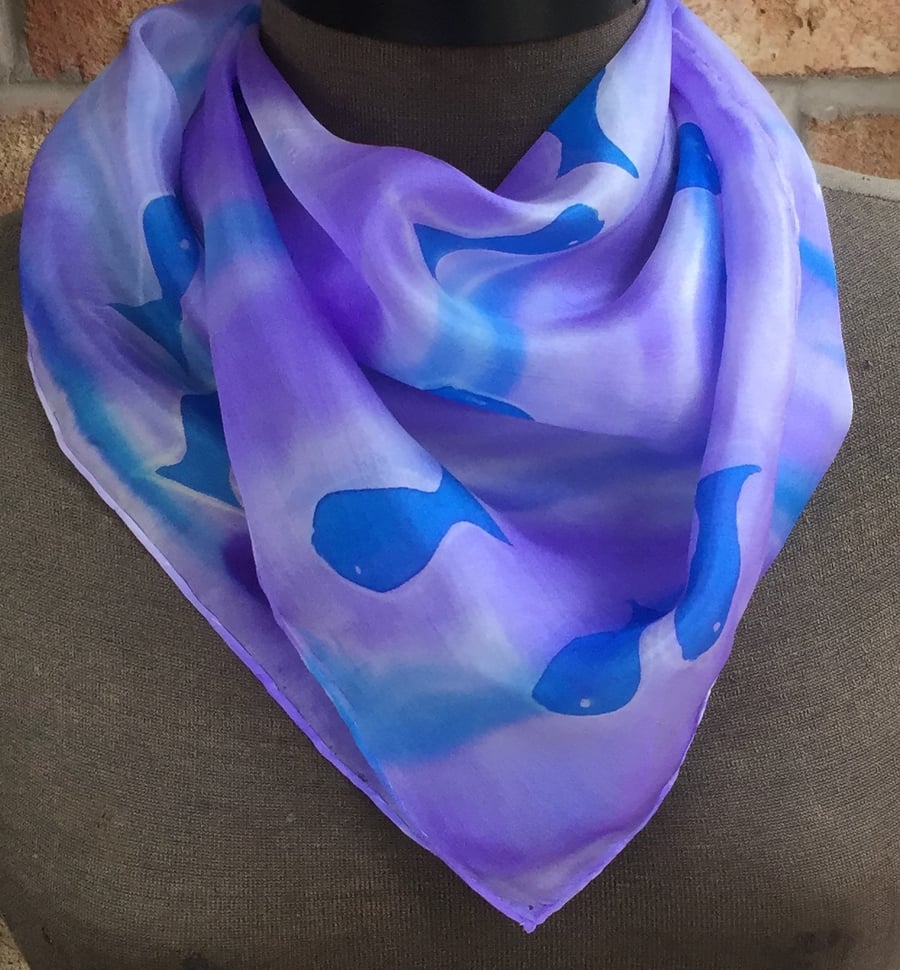 Blue Fish  hand  painted silk square scarf 