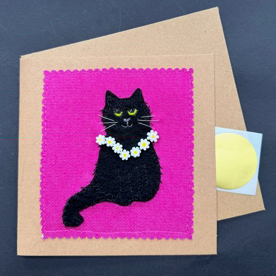 black cat and daisies free motion embroidery appliqué blank greetings card