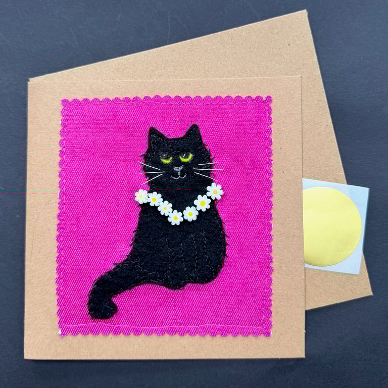 black cat and daisies free motion embroidery appliqué blank greetings card
