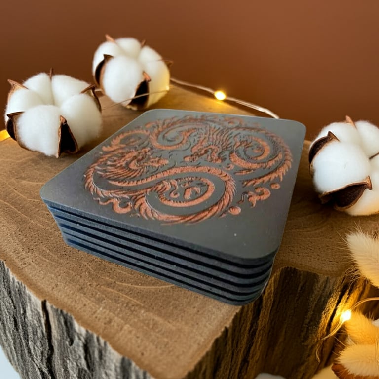 Set of 6 Square Black Wood Veneer Dragon Collection Coasters with Bumper Feet.