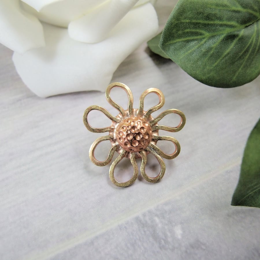 Large Daisy Brooch. Brass and Copper Lapel or Shawl Pin 