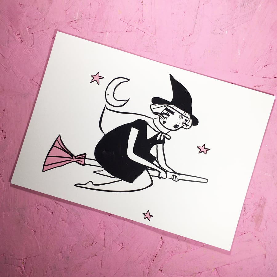 'Witch on her broom' Small Poster Print