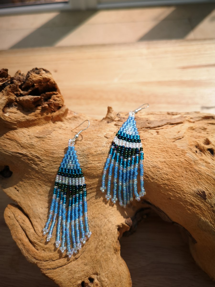 Sterling Silver Blue Native Indian seed beaded tassel earrings