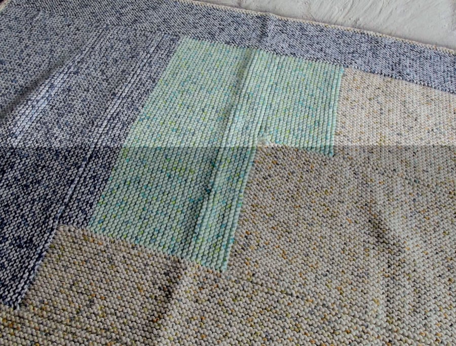 Hand knitted Log Cabin Style Cot Blanket, Beige Blue, 30 x 33, hm124