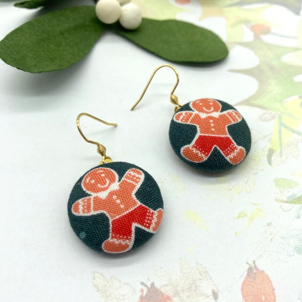 Gingerbread fabric button earrings christmas gifts festive jewellery