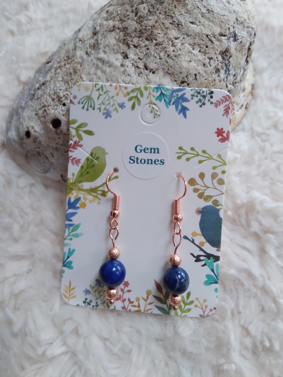 Rose-gold and genuine LAPIS LAZULI smooth bead EARRINGS