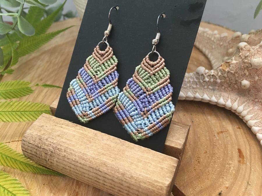 Pretty feather design pastel macrame earrings, boho design, gift for her