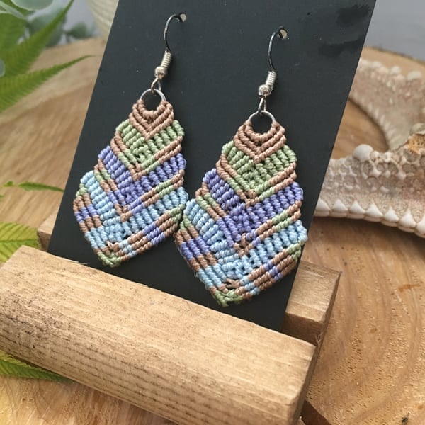 Pretty feather design pastel macrame earrings, boho design, gift for her