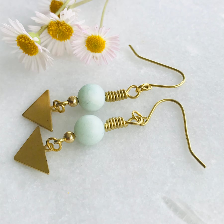Frosted Amazonite And Brass Dangle Earrings 