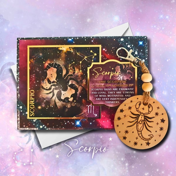 Scorpio Zodiac Star Sign Card, Wooden Keyring, or as a Set. Celestial, Horoscope