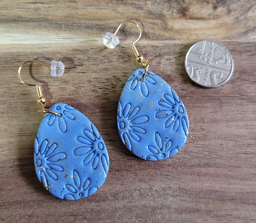 Handmade Polymer Clay Blue and Gold Egg Earrings, 316 Surgical Stainless Steel