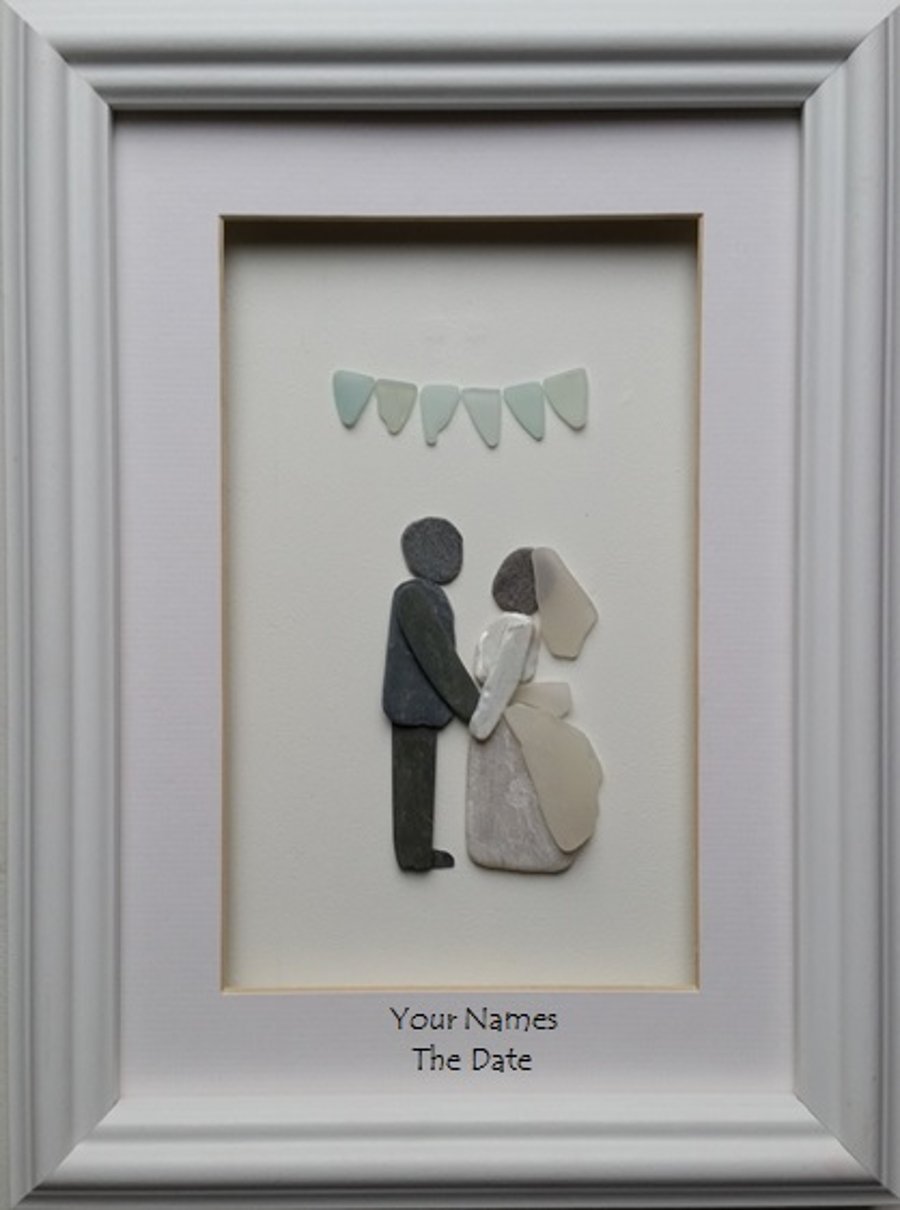 Wedding Gift for the Couple, Wedding Portrait,  Pebble Picture, Sea Glass Art  