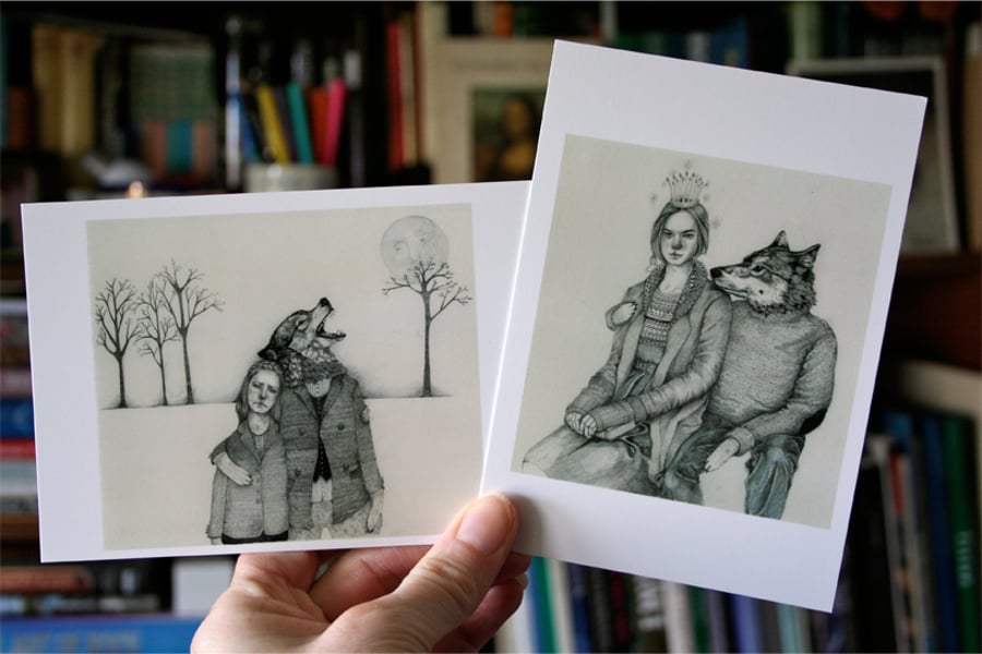 Postcards Pair of wolf postcard mini prints 4x6ins