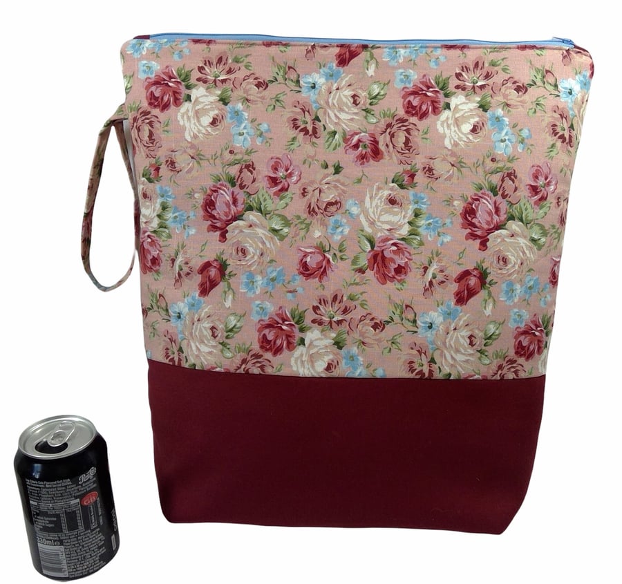 Extra Large floral knitting pouch bag, pink flowers supersized knitters project 