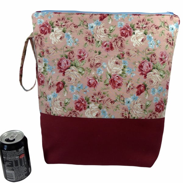 Extra Large floral knitting pouch bag, pink flowers supersized knitters project 