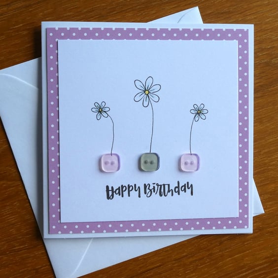 Birthday Card - Daisies and Buttons - Dusky Pink,Purple