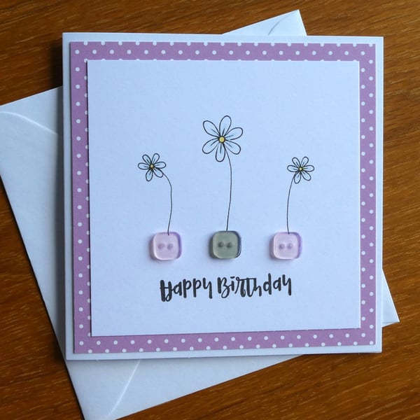 Birthday Card - Daisies and Buttons - Dusky Pink,Purple