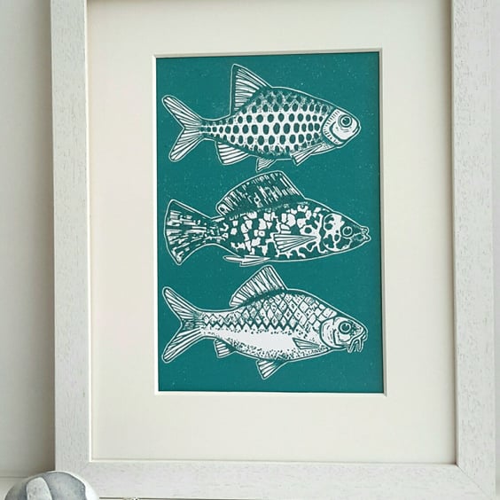 Fish  Original linocut print green , Free Post and packaging