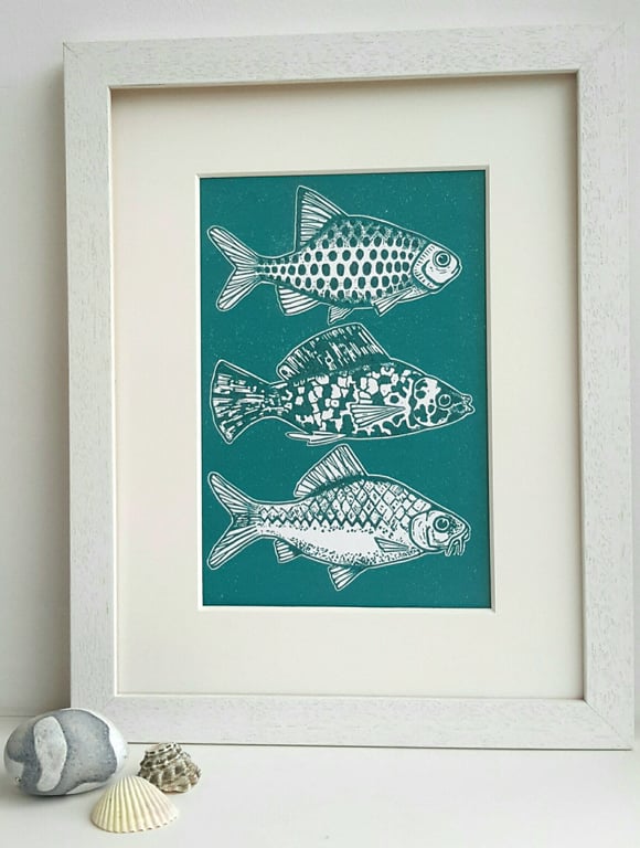 Fish  Original linocut print green , Free Post and packaging