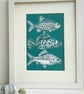 Fish  Original linocut print green ,  - Image 1