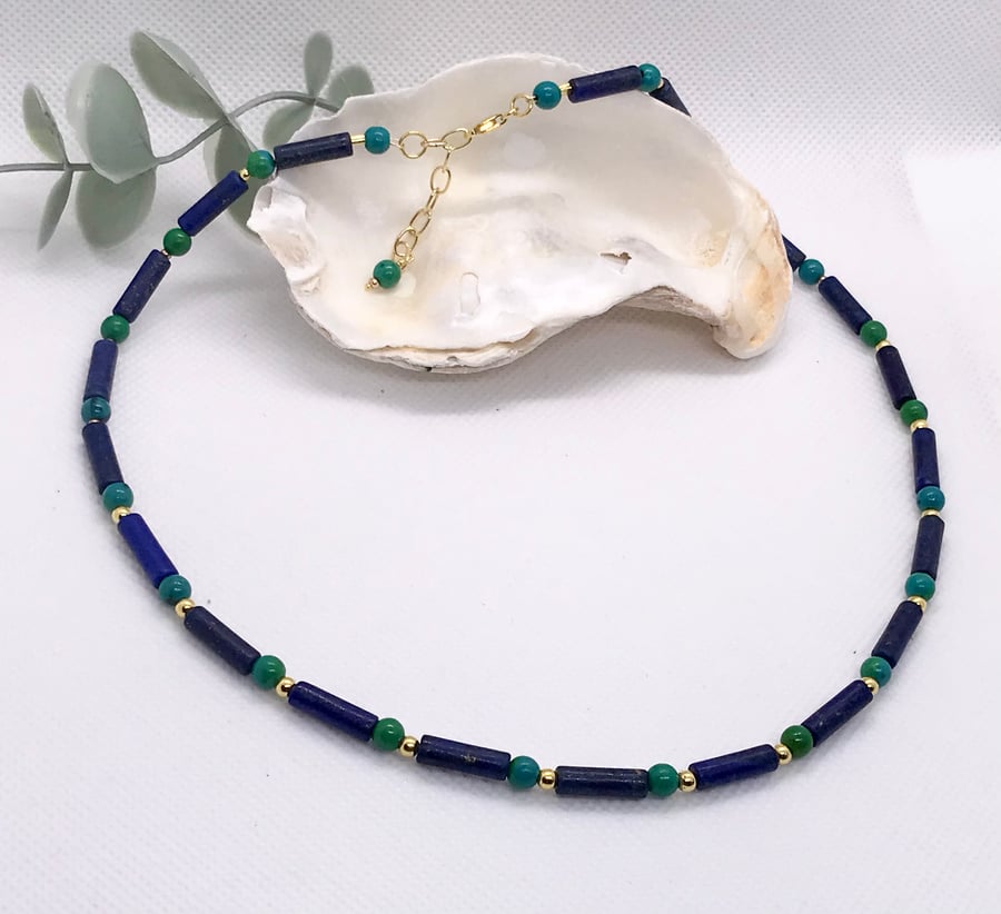 Lapis and Chrysocolla beaded choker necklace 