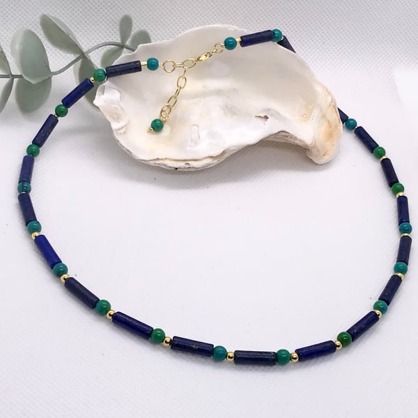Lapis and Chrysocolla beaded choker necklace 