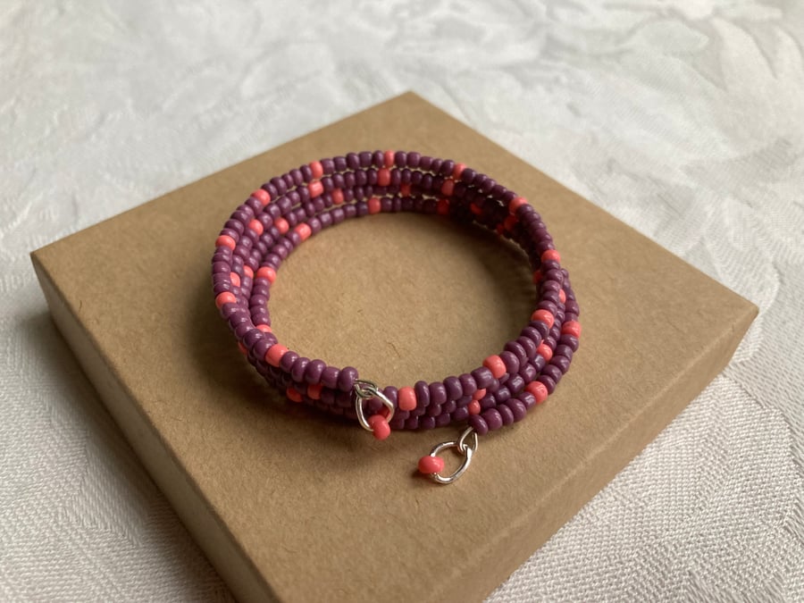 Burgundy & Coral memory wire bracelet (small)