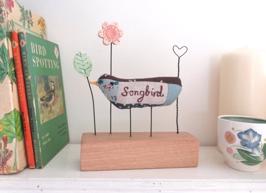 Songbird with Pink Clay Flower and Wire Love Heart