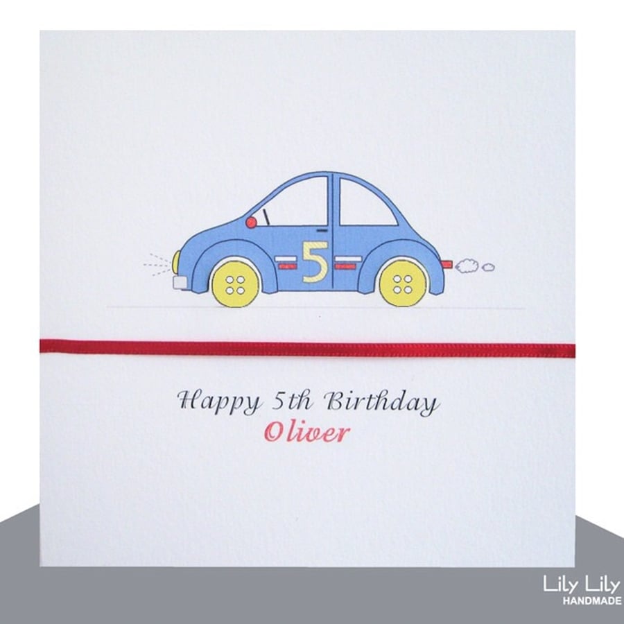 Boy's Personalised Name and Age Birthday Card - Button car