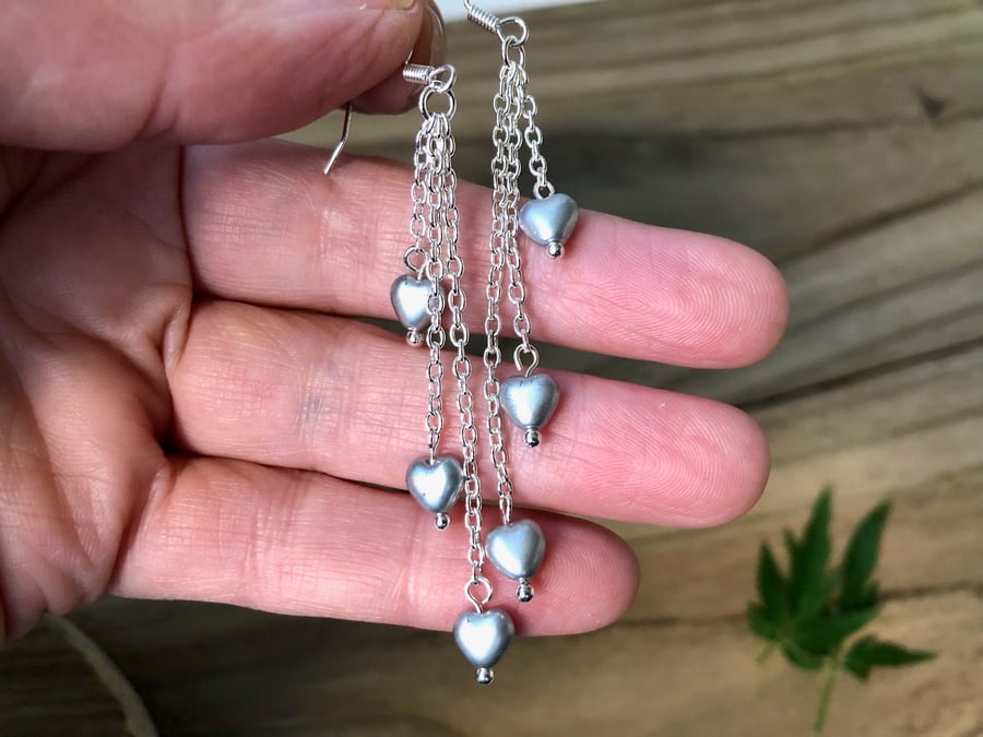 Long Dangly Silver Heart Earrings. CZECH Glass Beads DANGLY Boho Earrings Gift