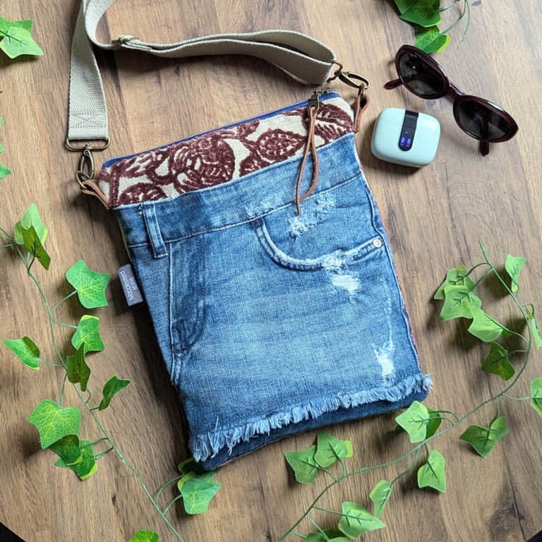 Upcycled Denim and Tapestry Fabric Cross Body Jeans Bag Brown